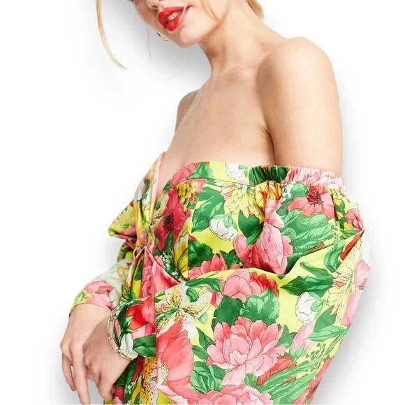 ASOS EDITION OFF SHOULDER MINI DRESS FLORAL PRINTS BALLOON SLEEVE BABYDOLL DRESS - Picture 6 of 17